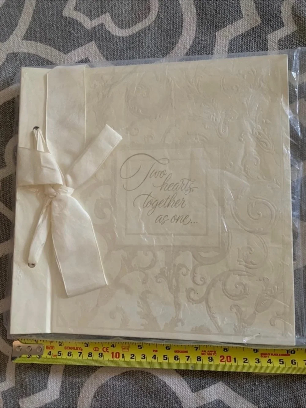 Elegant White Embossed Wedding Guest Book with Ribbon